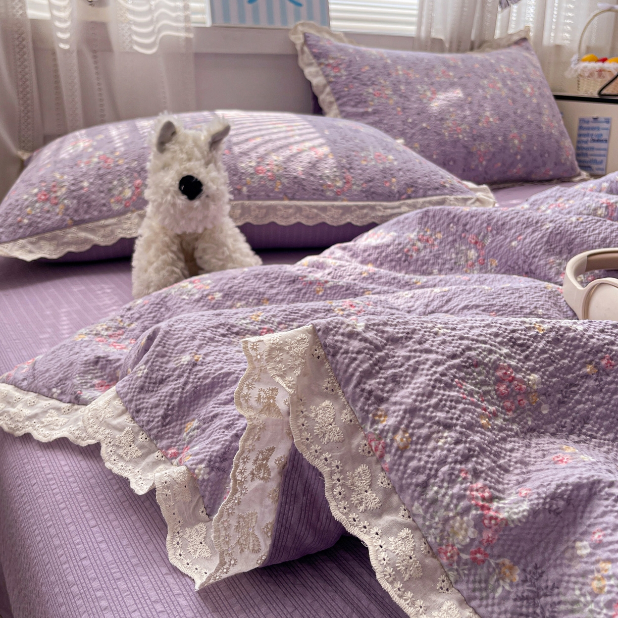 91家纺网 家纺一手货源 找家纺 优承佳生活馆 2026新款超柔高克重泡芙纱蝴蝶结全棉花边夏被套件单夏被 紫萱