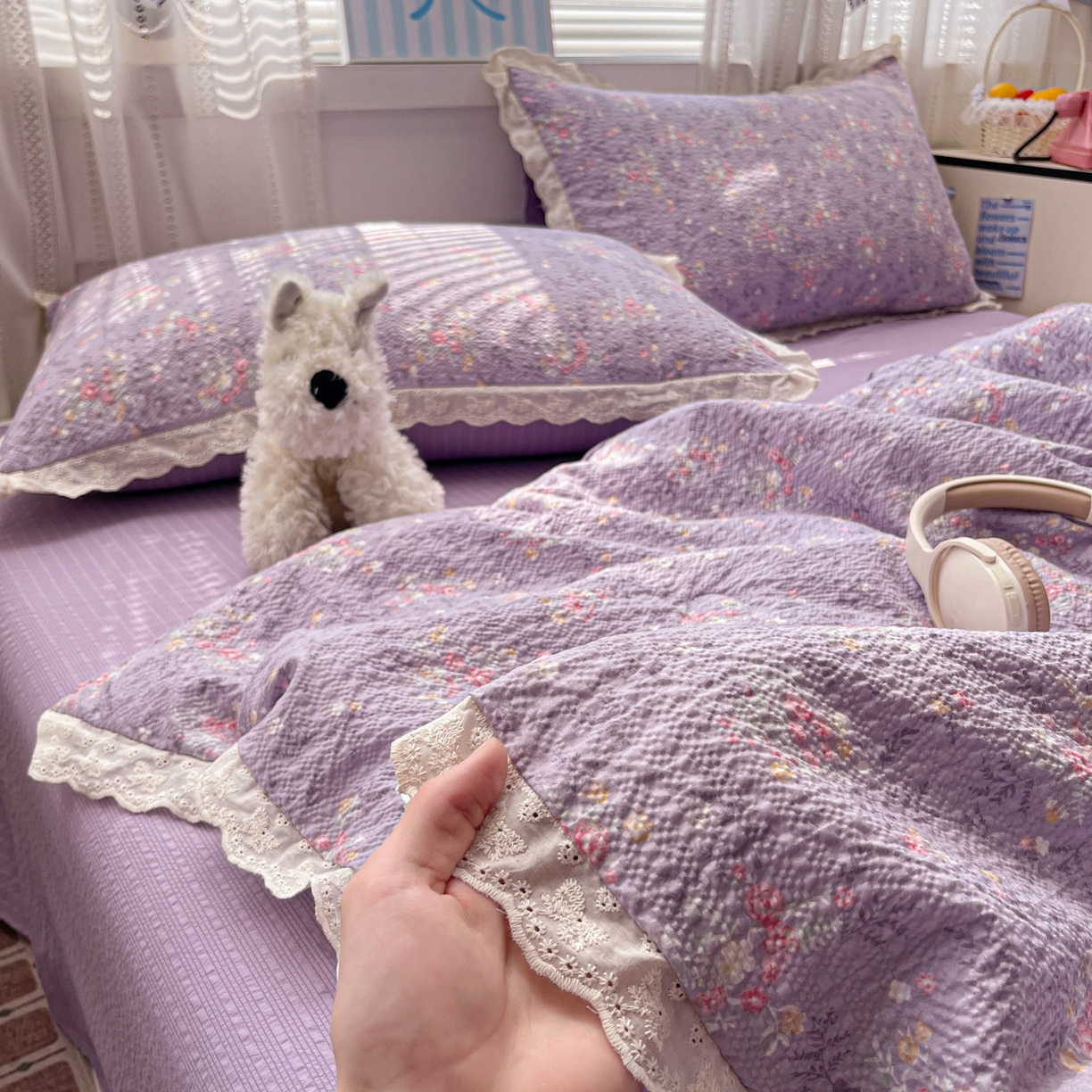 91家纺网 家纺一手货源 找家纺 优承佳生活馆 2026新款超柔高克重泡芙纱蝴蝶结全棉花边夏被套件单夏被 紫萱