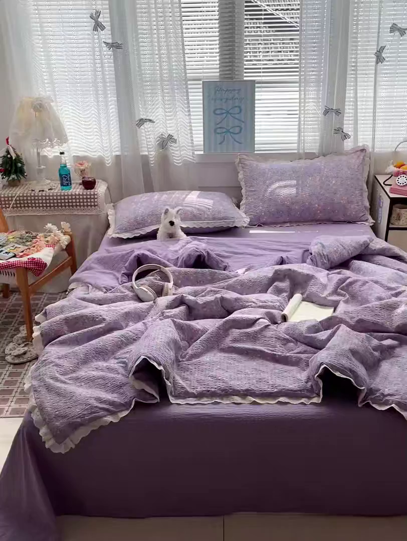 91家纺网 家纺一手货源 找家纺 优承佳生活馆 2026新款超柔高克重泡芙纱蝴蝶结全棉花边夏被套件单夏被 紫萱