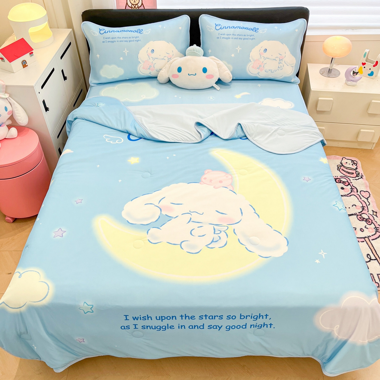 91家纺网 家纺一手货源 找家纺 暮思家居 2026新款正版授权A类大版数码印花三丽鸥1200D冰丝凉席可组合仿锦氨夏被 床笠款-晚安玉桂狗