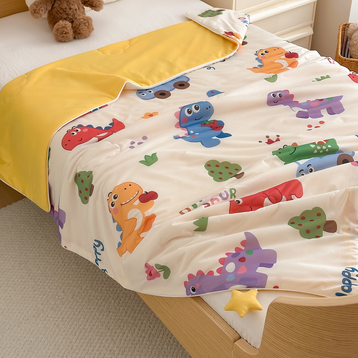 91家纺网 家纺一手货源 找家纺 嗨生活 2026年新款凉感针织儿童双感夏被 幼儿园星星夏被 星星被-恐龙世界