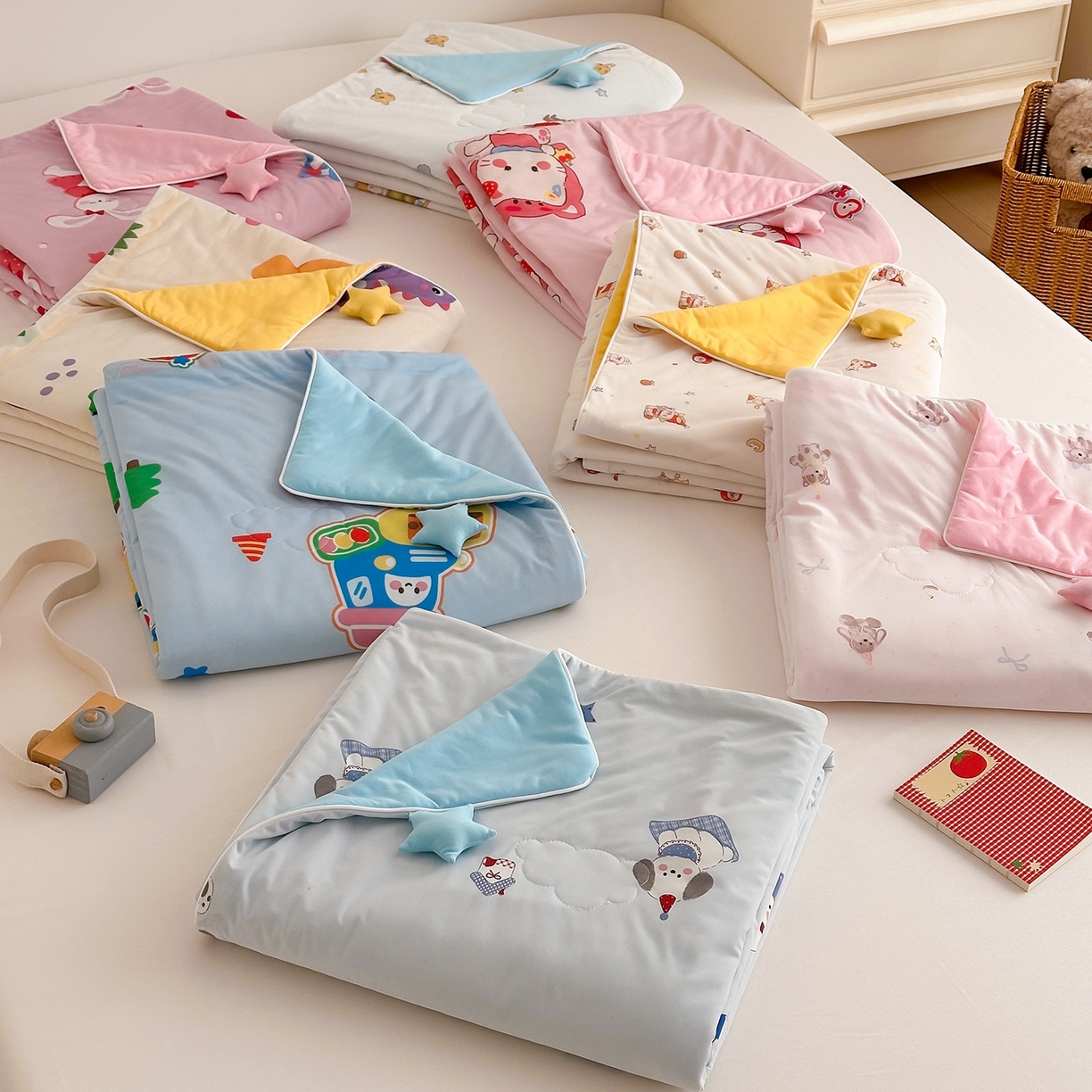 91家纺网 家纺一手货源 找家纺 嗨生活 2026年新款凉感针织儿童双感夏被 幼儿园星星夏被 组合图 仅供参考