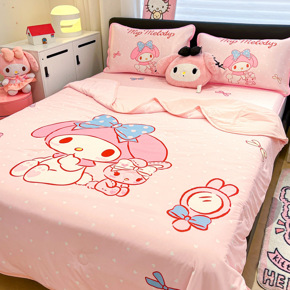 91家纺网 家纺一手货源 找家纺 暮思家居 2026新款正版授权A类大版数码印花三丽鸥1200D冰丝凉席可组合仿锦氨夏被 床笠款-小兔美乐蒂