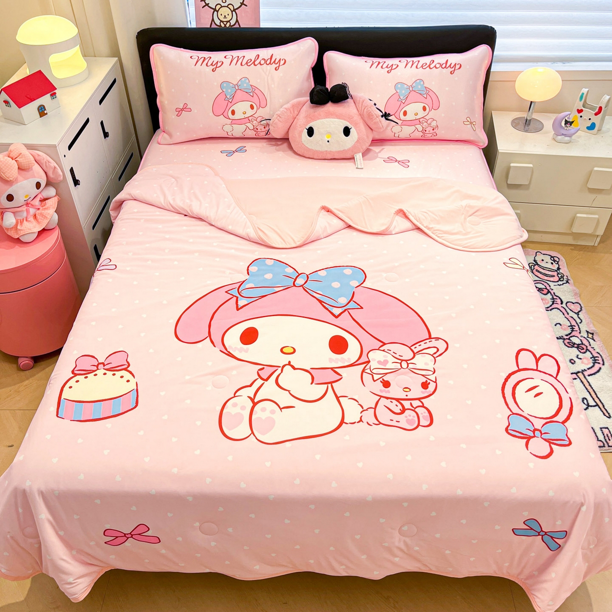 91家纺网 家纺一手货源 找家纺 暮思家居 2026新款正版授权A类大版数码印花三丽鸥1200D冰丝凉席可组合仿锦氨夏被 床笠款-小兔美乐蒂