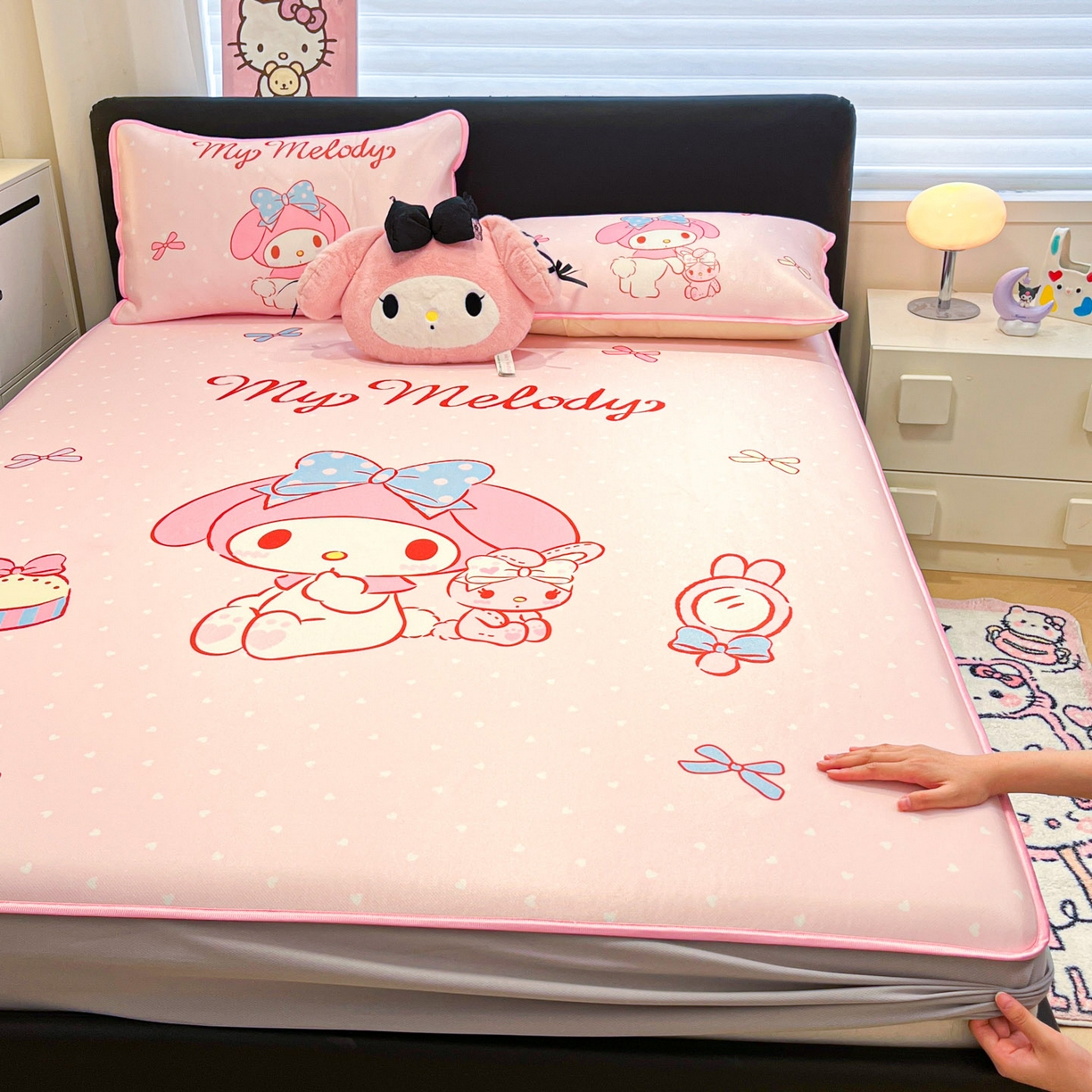 91家纺网 家纺一手货源 找家纺 暮思家居 2026新款正版授权A类大版数码印花三丽鸥1200D冰丝凉席可组合仿锦氨夏被 床笠款-小兔美乐蒂