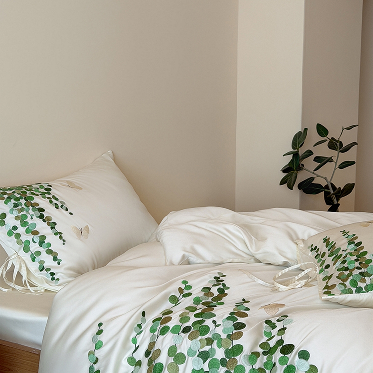 91家纺网 家纺一手货源 找家纺 波比可可 2026春夏新款60支莱赛尔兰精天丝绣花刺绣四件套 春意盎然 米