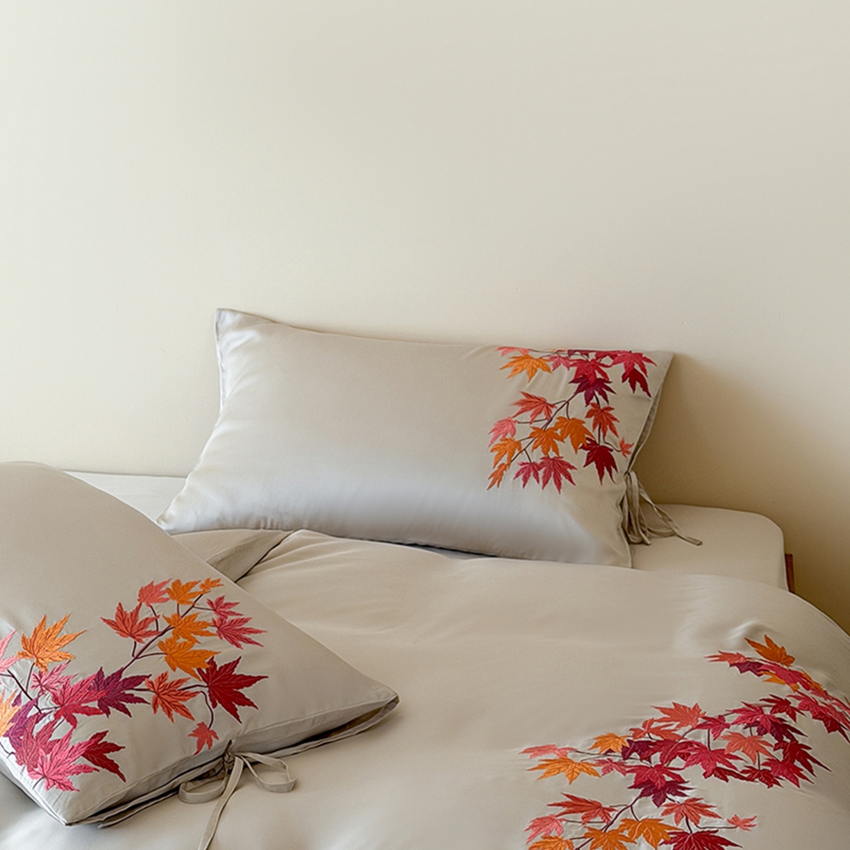 91家纺网 家纺一手货源 找家纺 波比可可 2026春夏新款60支莱赛尔兰精天丝绣花刺绣四件套 枫叶情 灰