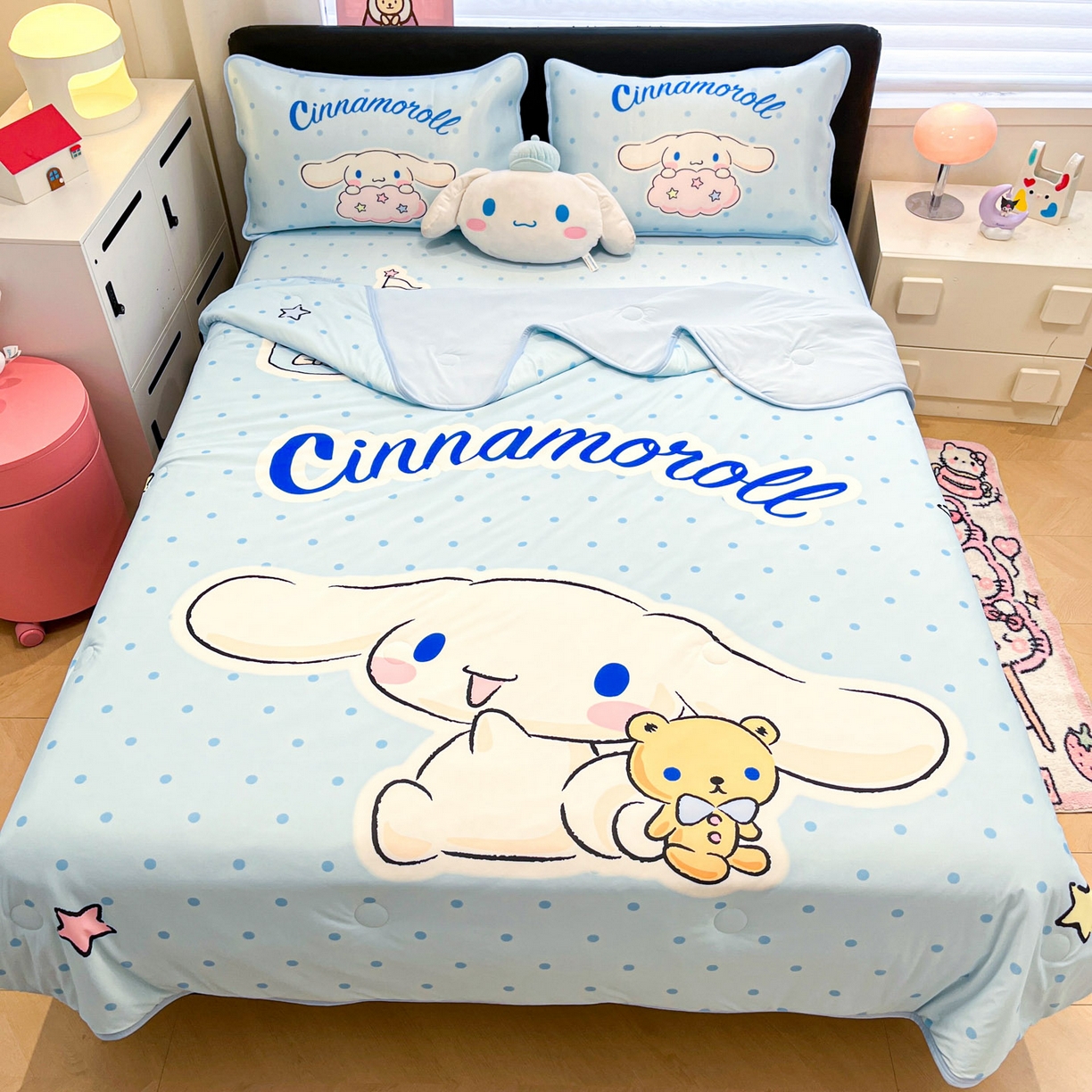 91家纺网 家纺一手货源 找家纺 暮思家居 2026新款正版授权A类大版数码印花三丽鸥1200D冰丝凉席可组合仿锦氨夏被 床笠款-小熊玉桂狗