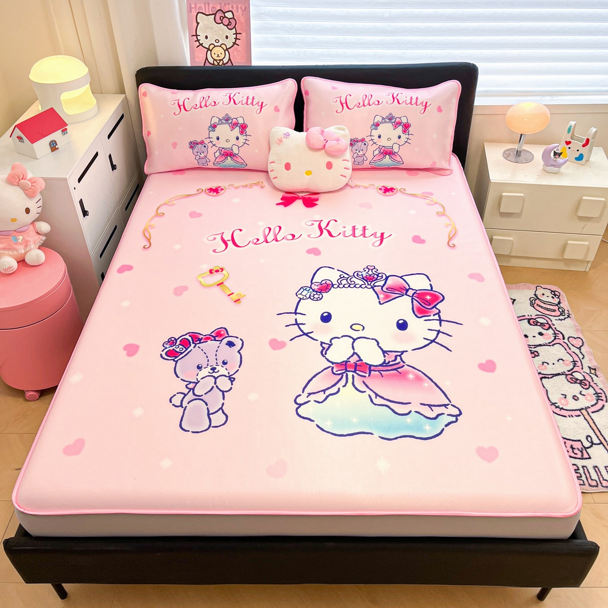 91家纺网 家纺一手货源 找家纺 暮思家居 2026新款正版授权A类大版数码印花三丽鸥1200D冰丝凉席可组合仿锦氨夏被 床笠款-幸福KT