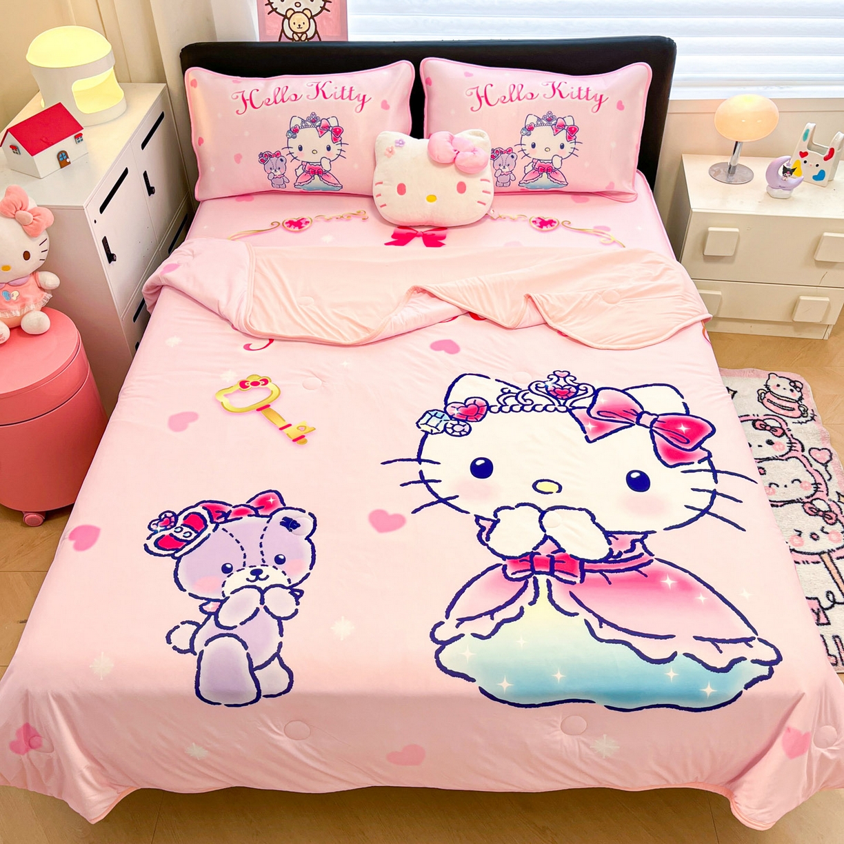 91家纺网 家纺一手货源 找家纺 暮思家居 2026新款正版授权A类大版数码印花三丽鸥1200D冰丝凉席可组合仿锦氨夏被 床笠款-幸福KT