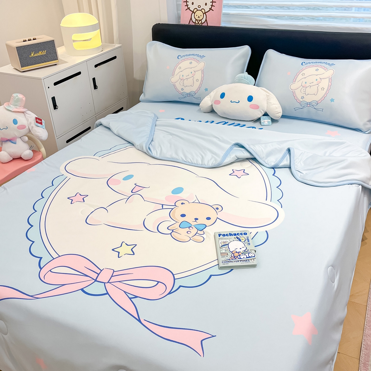 91家纺网 家纺一手货源 找家纺 暮思家居 2026新款正版授权A类大版数码印花三丽鸥1200D冰丝凉席可组合仿锦氨夏被 床笠款-幸福大耳狗