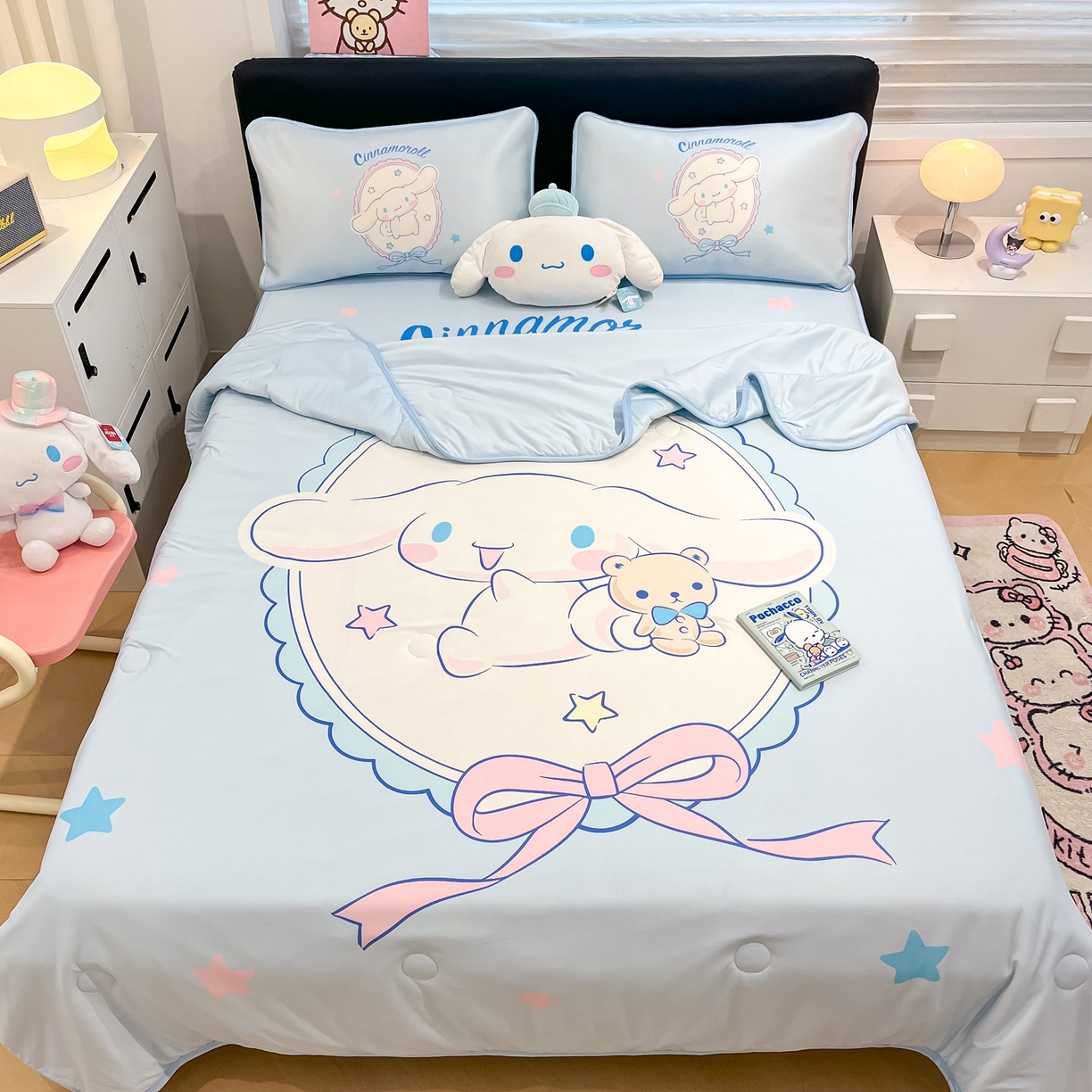 91家纺网 家纺一手货源 找家纺 暮思家居 2026新款正版授权A类大版数码印花三丽鸥1200D冰丝凉席可组合仿锦氨夏被 床笠款-幸福大耳狗