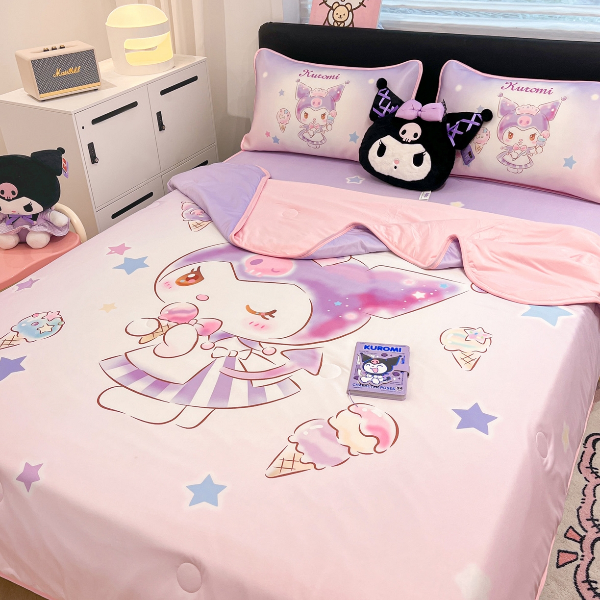 91家纺网 家纺一手货源 找家纺 暮思家居 2026新款正版授权A类大版数码印花三丽鸥1200D冰丝凉席可组合仿锦氨夏被 床笠款-炫彩库洛米