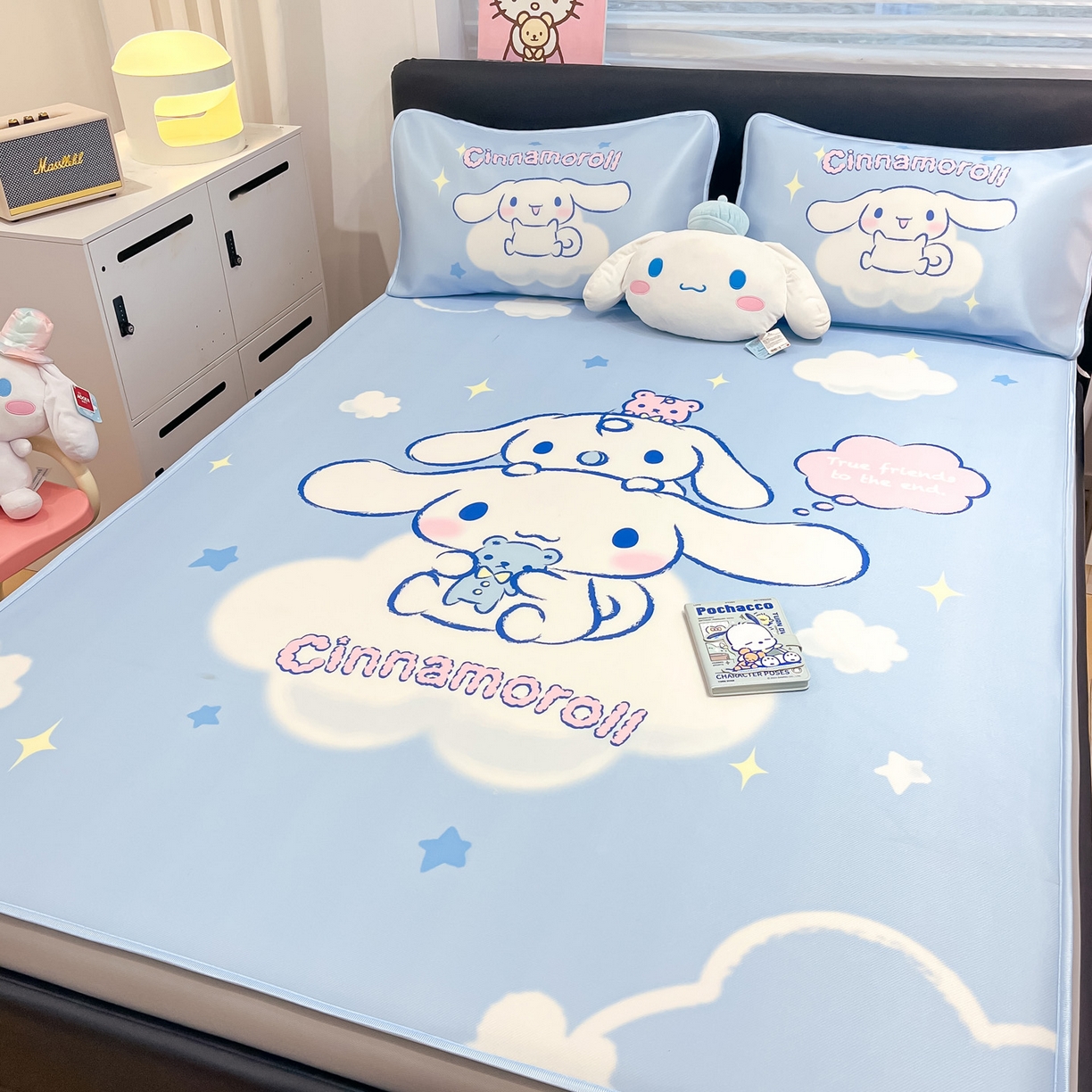 91家纺网 家纺一手货源 找家纺 暮思家居 2026新款正版授权A类大版数码印花三丽鸥1200D冰丝凉席可组合仿锦氨夏被 床笠款-云朵玉桂狗