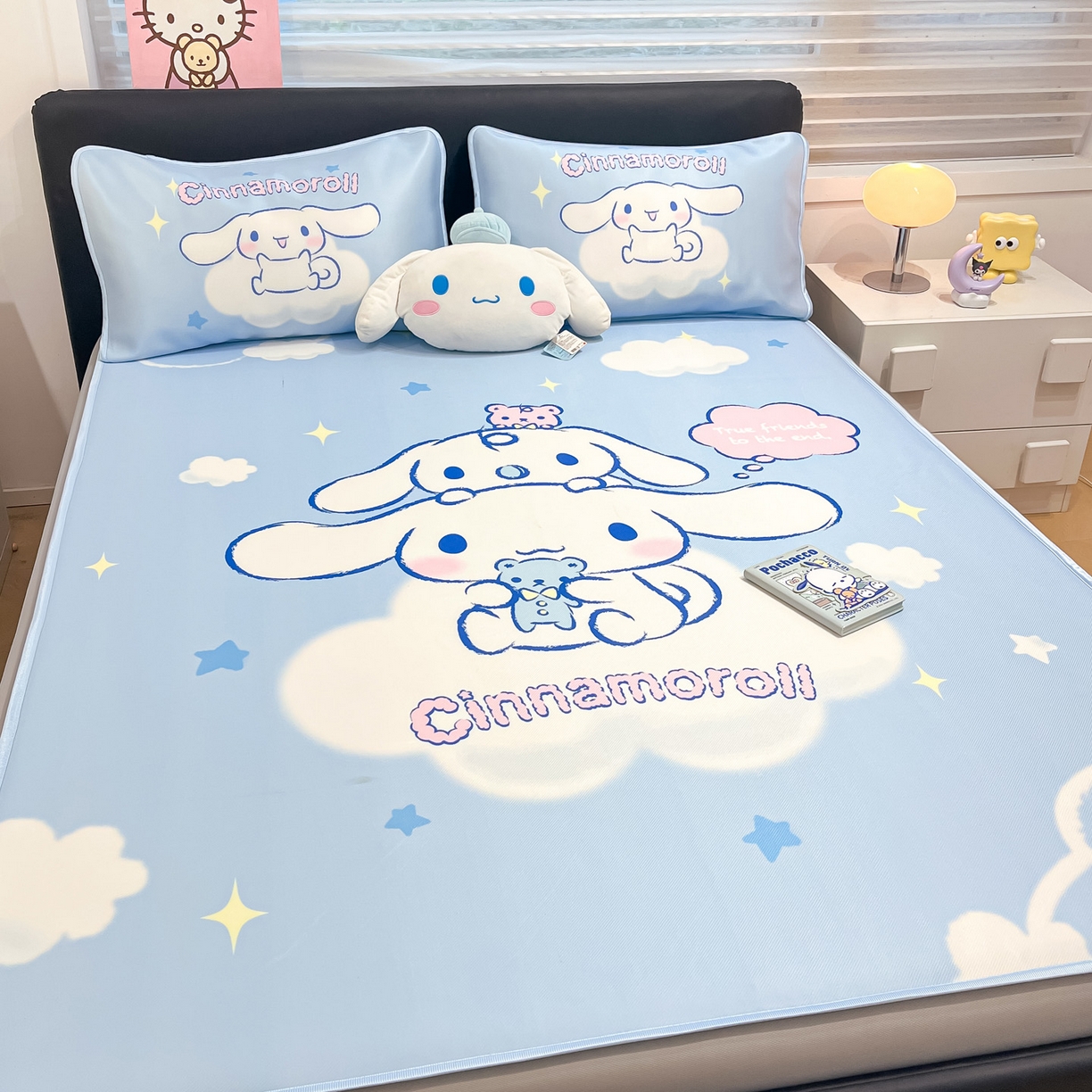 91家纺网 家纺一手货源 找家纺 暮思家居 2026新款正版授权A类大版数码印花三丽鸥1200D冰丝凉席可组合仿锦氨夏被 床笠款-云朵玉桂狗