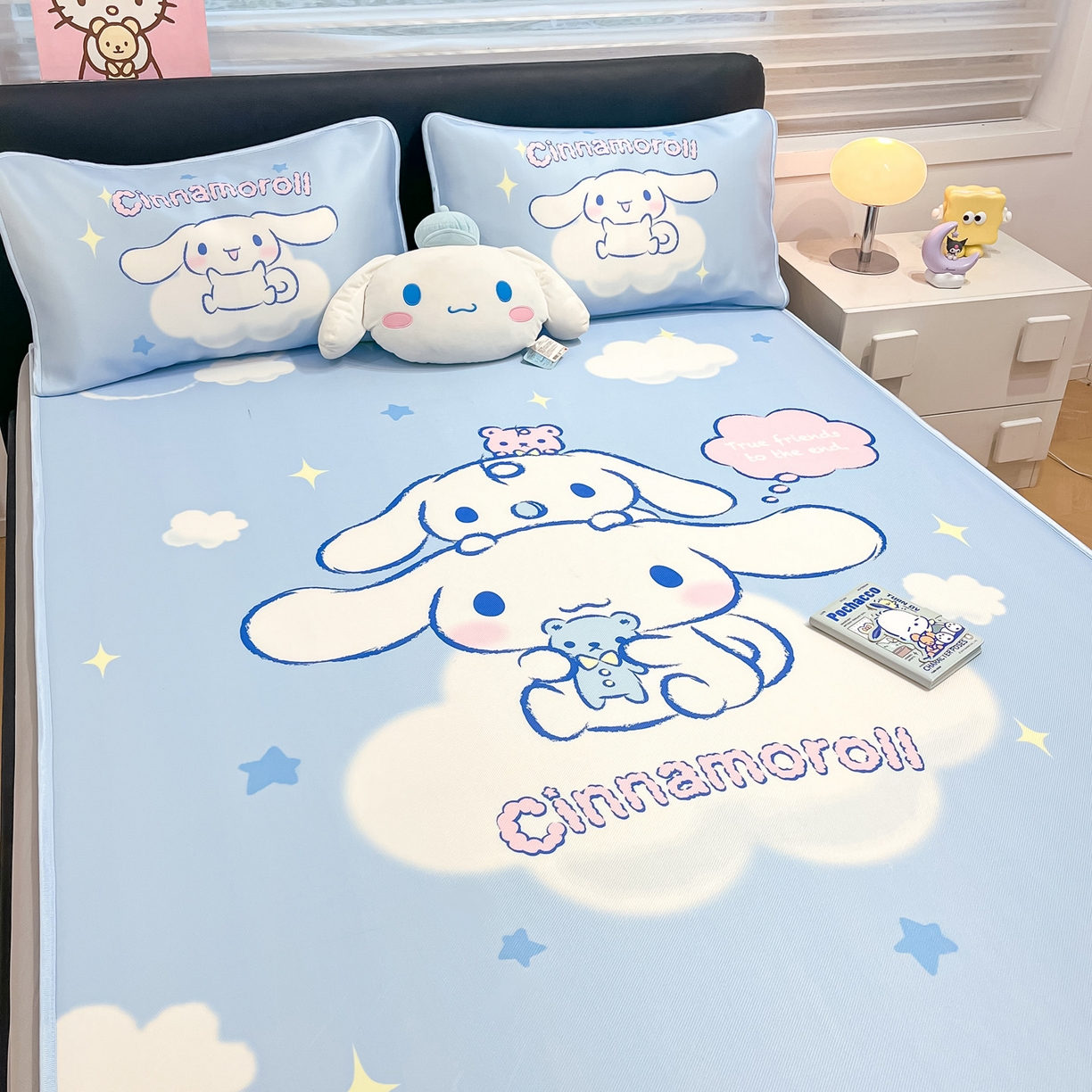 91家纺网 家纺一手货源 找家纺 暮思家居 2026新款正版授权A类大版数码印花三丽鸥1200D冰丝凉席可组合仿锦氨夏被 床笠款-云朵玉桂狗