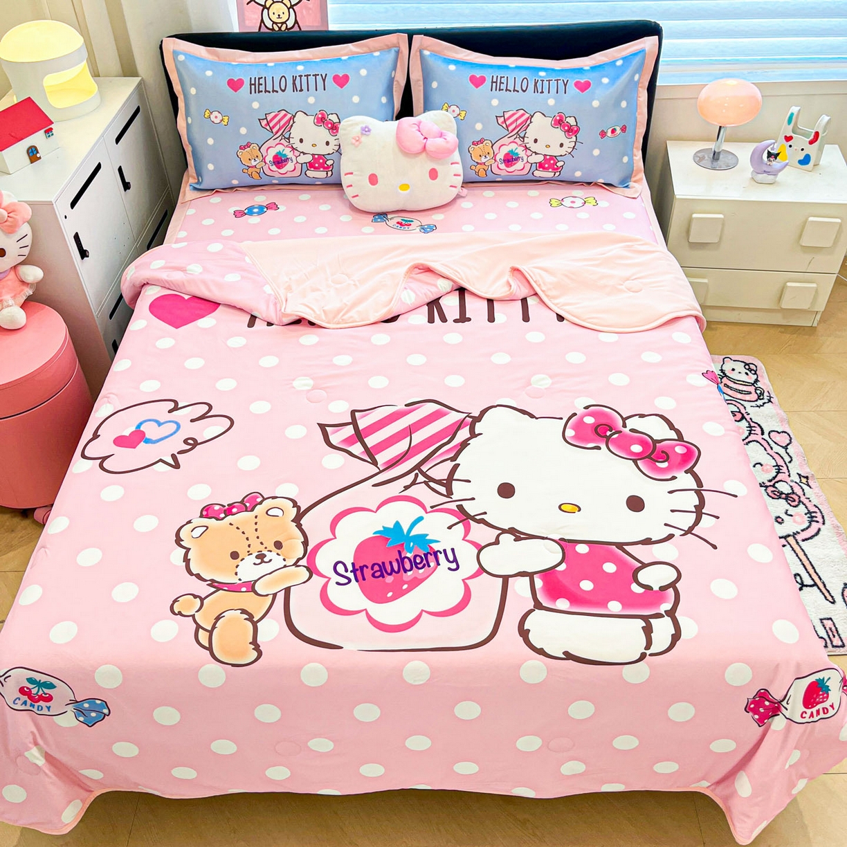 暮思家居 2026新款正版授权A类大版数码印花三丽鸥可组合仿锦氨夏被夏凉被空调被 草莓KT