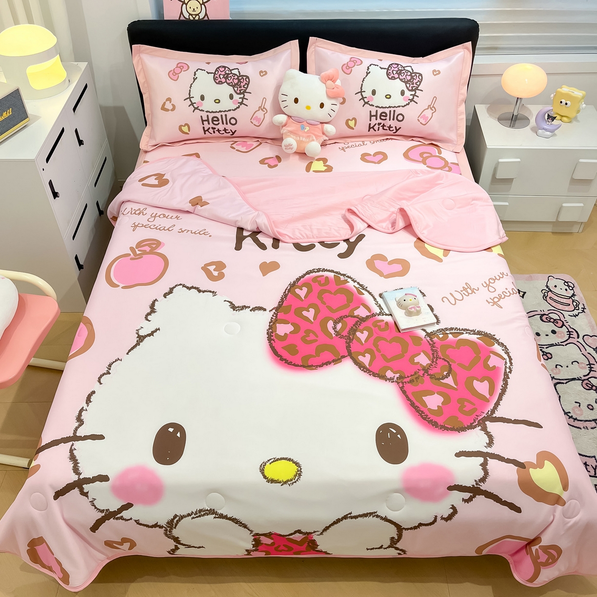 暮思家居 2026新款正版授权A类大版数码印花三丽鸥可组合仿锦氨夏被夏凉被空调被 豹纹KT猫