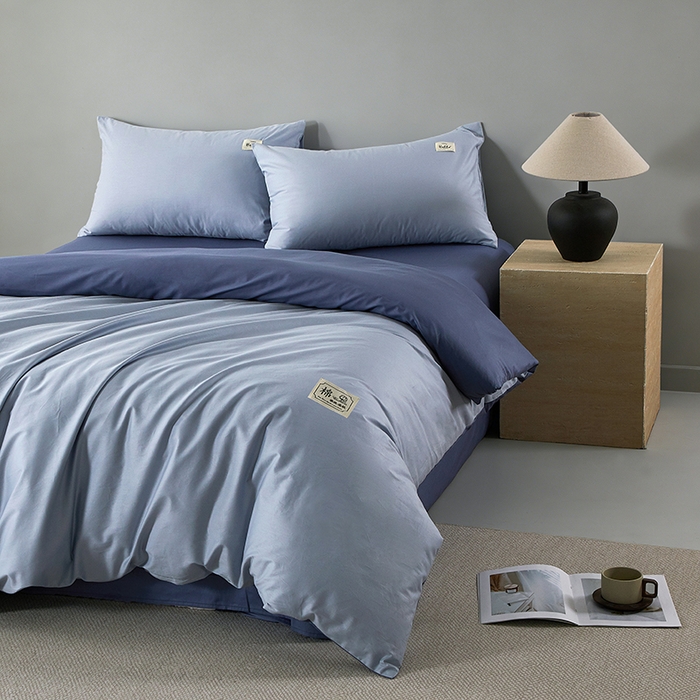 91家纺网 家纺一手货源 找家纺 有点武功 2026新款全棉纯棉40支13372纯色双拼四件套 天青色+宾利蓝