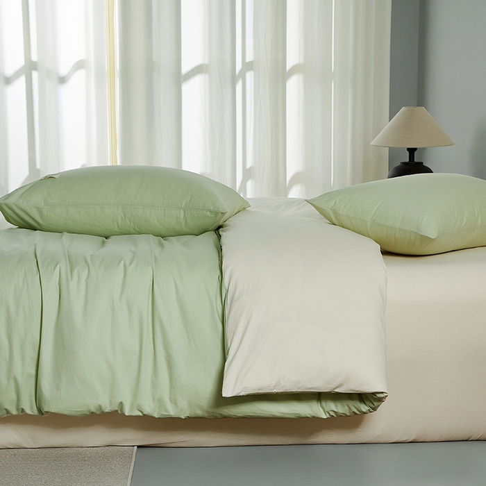 91家纺网 家纺一手货源 找家纺 有点武功 2026新款全棉纯棉40支13372纯色双拼四件套 清新绿+奶白