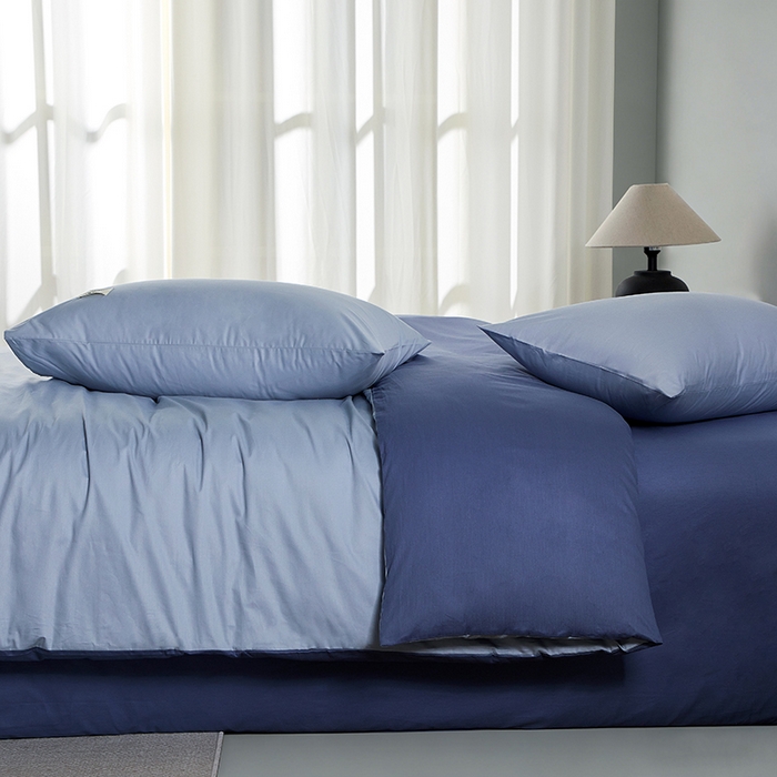 91家纺网 家纺一手货源 找家纺 有点武功 2026新款全棉纯棉40支13372纯色双拼四件套 天青色+宾利蓝