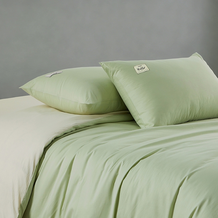 91家纺网 家纺一手货源 找家纺 有点武功 2026新款全棉纯棉40支13372纯色双拼四件套 清新绿+奶白