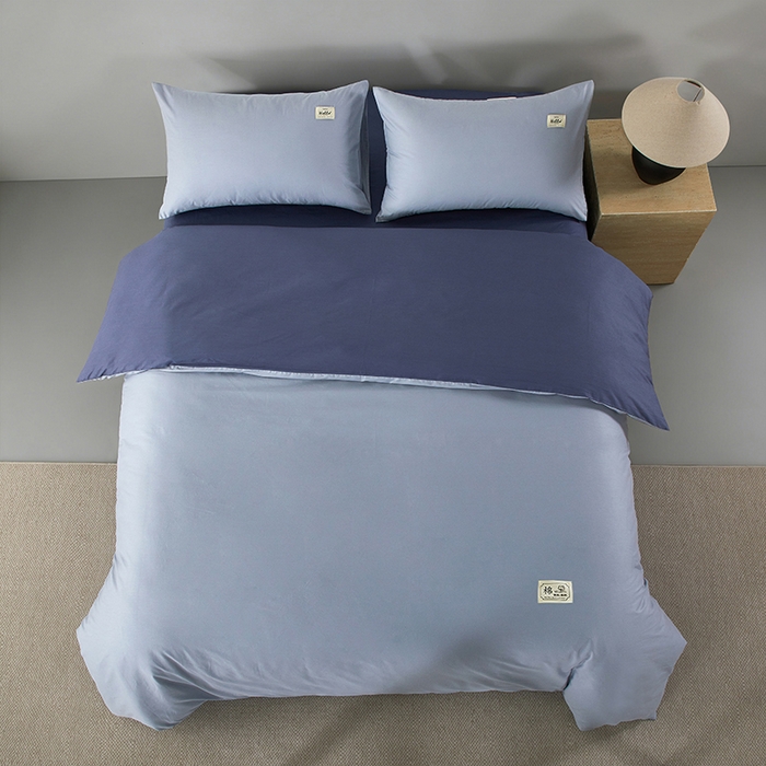 91家纺网 家纺一手货源 找家纺 有点武功 2026新款全棉纯棉40支13372纯色双拼四件套 天青色+宾利蓝