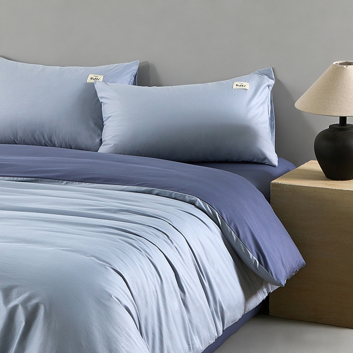 91家纺网 家纺一手货源 找家纺 有点武功 2026新款全棉纯棉40支13372纯色双拼四件套 天青色+宾利蓝