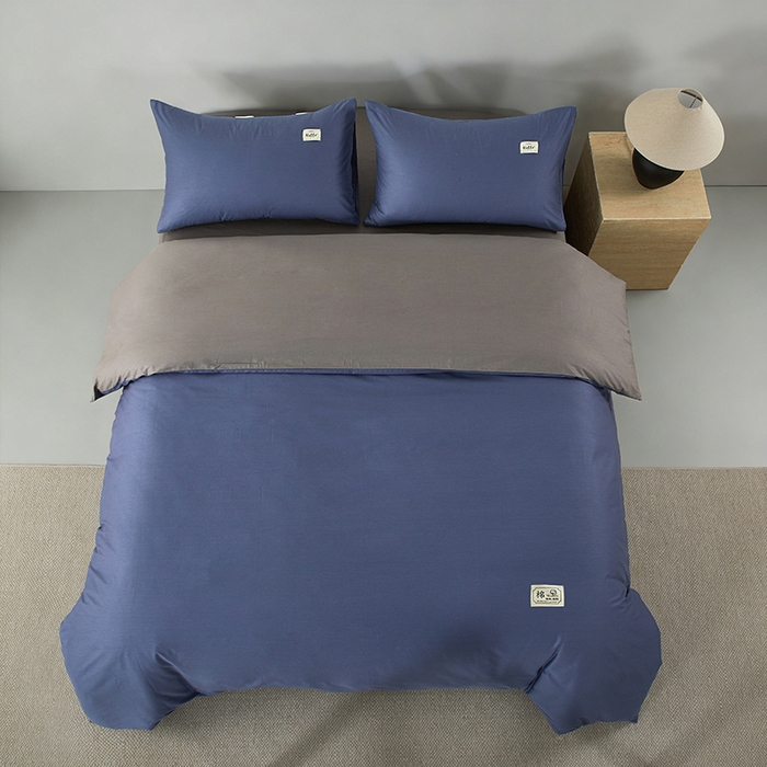 91家纺网 家纺一手货源 找家纺 有点武功 2026新款全棉纯棉40支13372纯色双拼四件套 宾利蓝+绅士灰