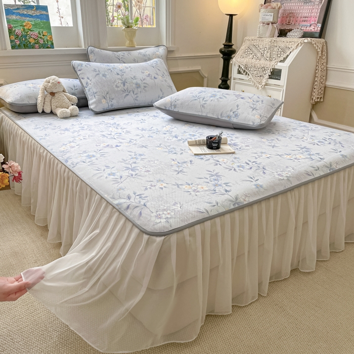 柒月家居 2026新款斜纹凉感豆豆床裙款凉席 床裙-蓝雾花枝