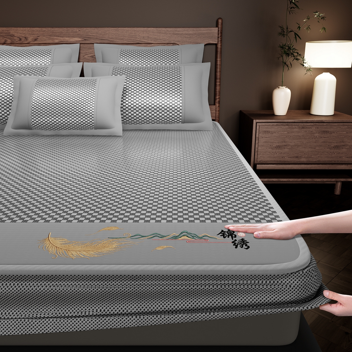 91家纺网 家纺一手货源 找家纺 （总）永旺家纺 2026新款羽毛刺绣冰藤席子凉席