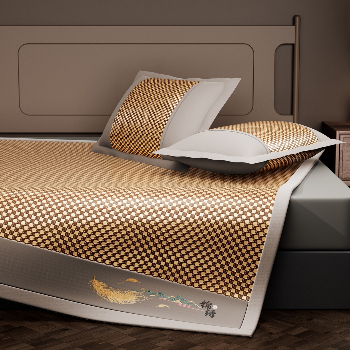 91家纺网 家纺一手货源 找家纺 永旺家纺 2026新款羽毛刺绣冰藤席子凉席 棕色