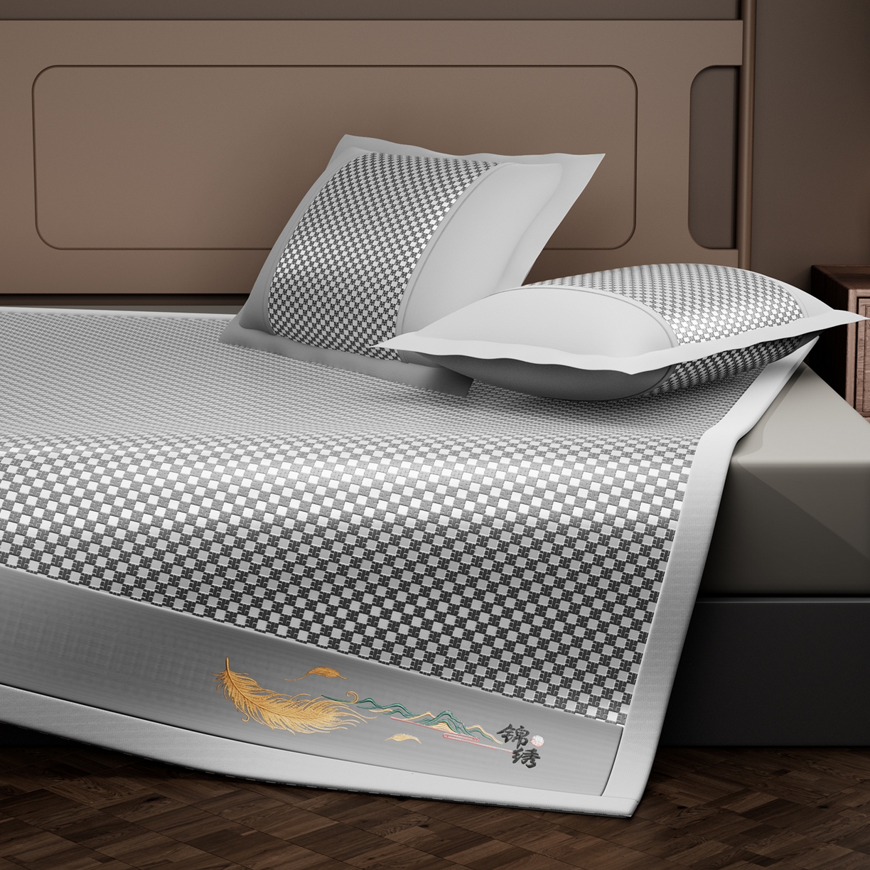 91家纺网 家纺一手货源 找家纺 永旺家纺 2026新款羽毛刺绣冰藤席子凉席 灰色