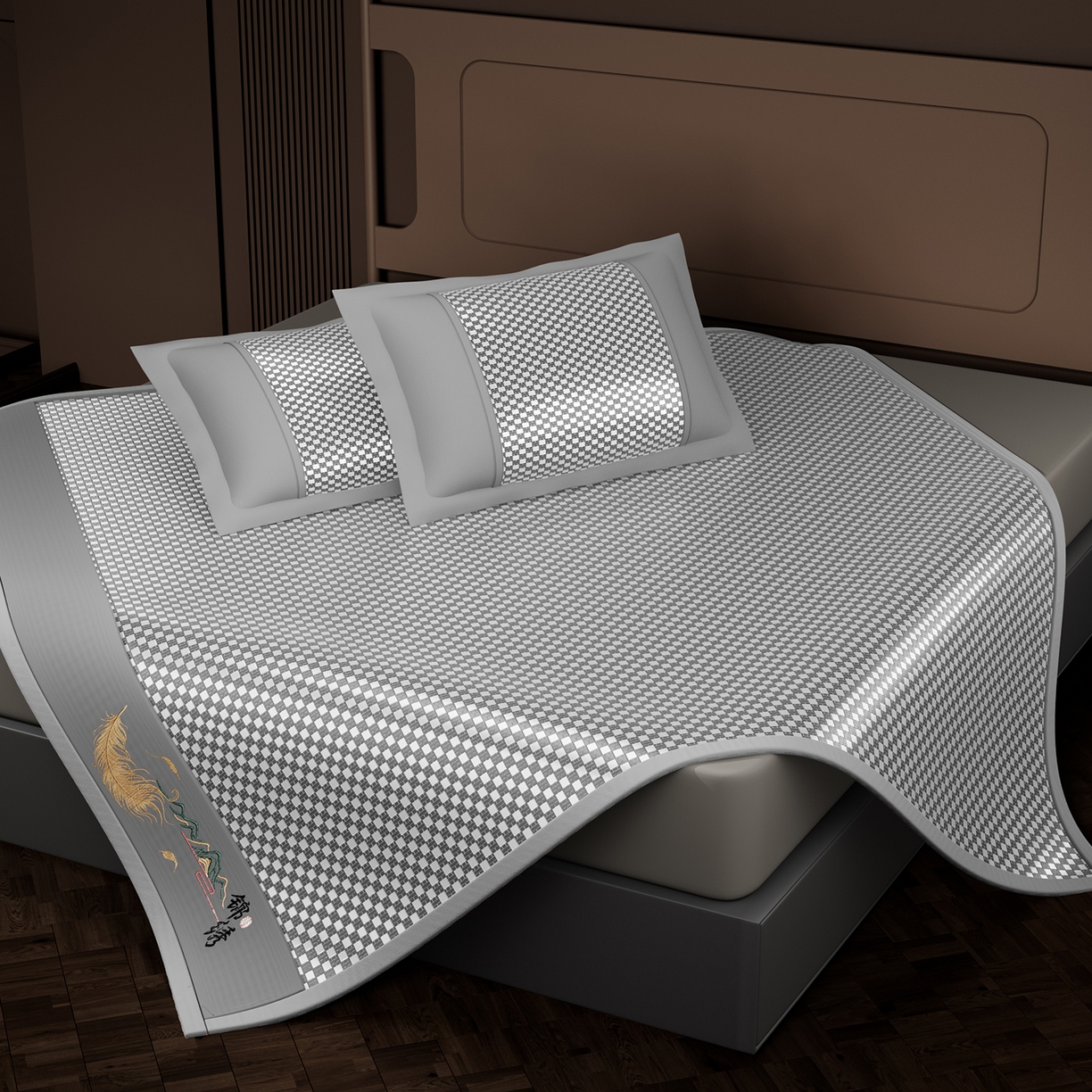 91家纺网 家纺一手货源 找家纺 永旺家纺 2026新款羽毛刺绣冰藤席子凉席 灰色