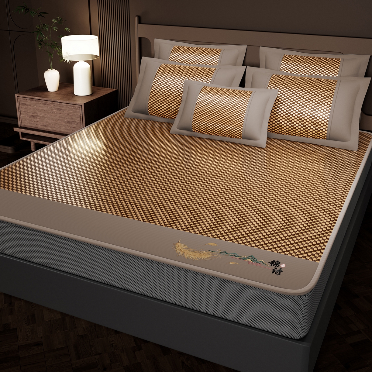 91家纺网 家纺一手货源 找家纺 永旺家纺 2026新款羽毛刺绣冰藤席子凉席 棕色