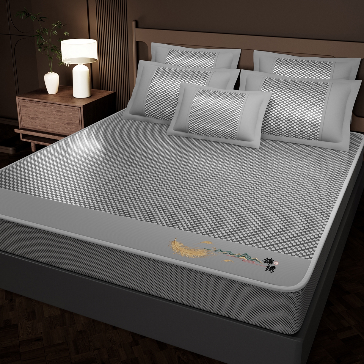 91家纺网 家纺一手货源 找家纺 永旺家纺 2026新款羽毛刺绣冰藤席子凉席 灰色