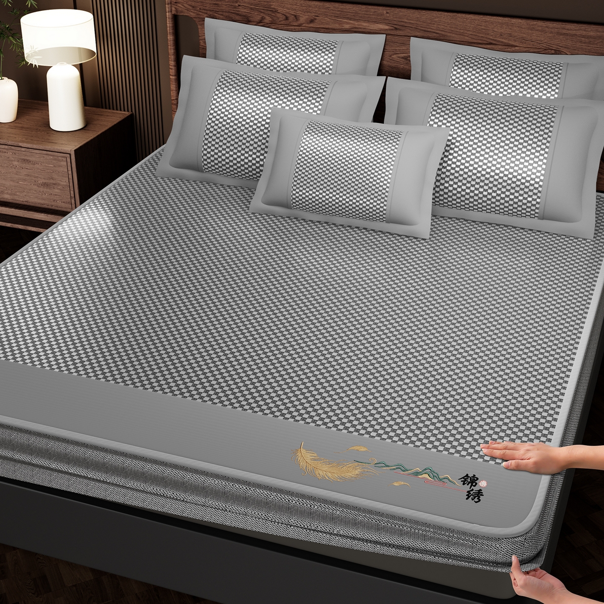 永旺家纺 2026新款羽毛刺绣冰藤席子凉席 灰色