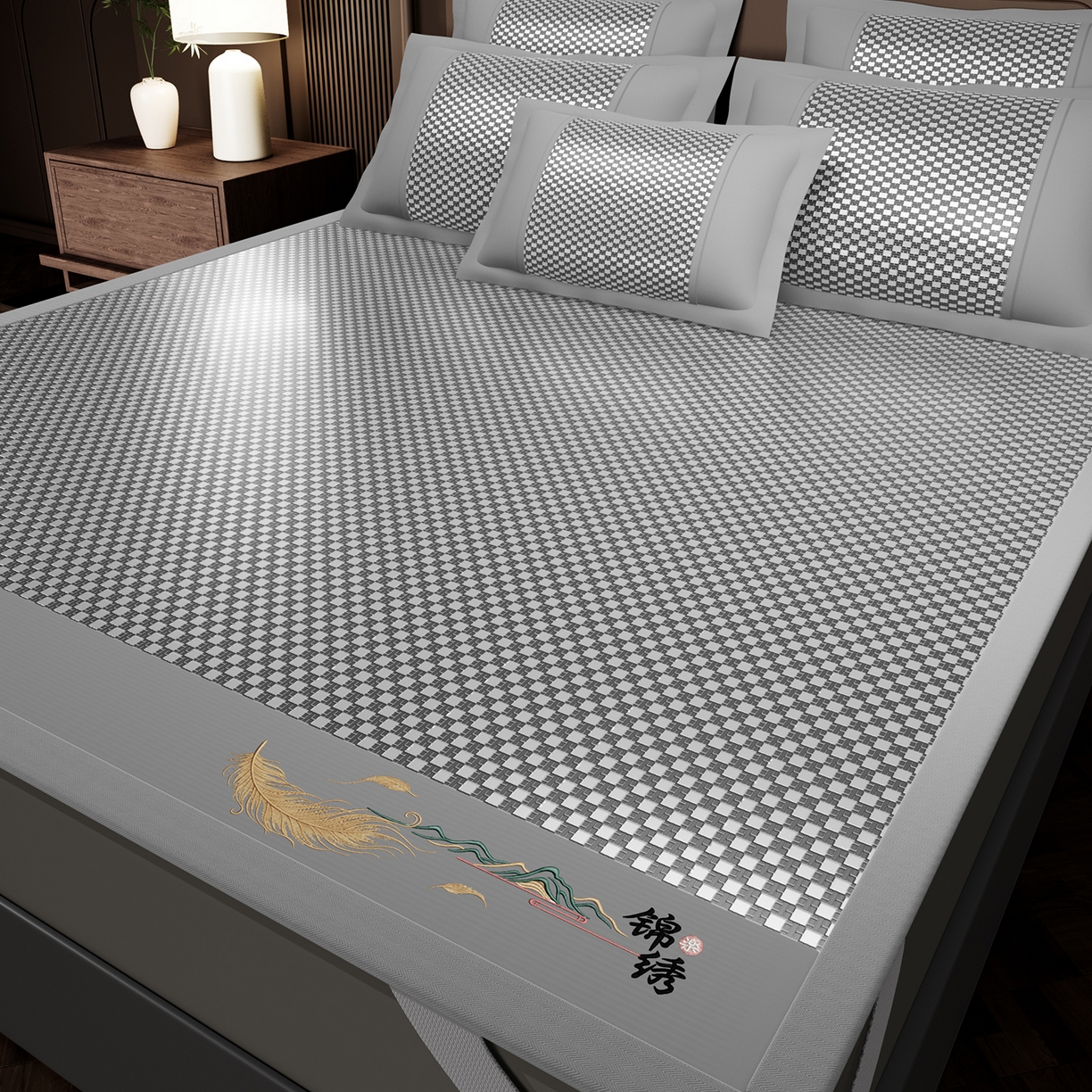 91家纺网 家纺一手货源 找家纺 永旺家纺 2026新款羽毛刺绣冰藤席子凉席 灰色