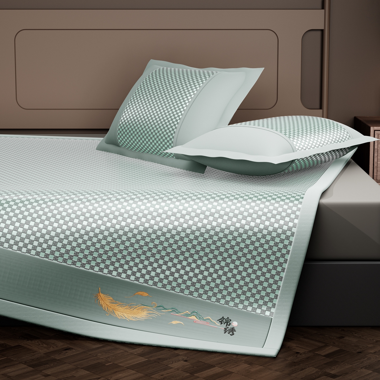 91家纺网 家纺一手货源 找家纺 永旺家纺 2026新款羽毛刺绣冰藤席子凉席 绿色