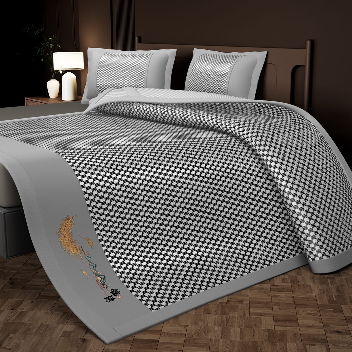 91家纺网 家纺一手货源 找家纺 永旺家纺 2026新款羽毛刺绣冰藤席子凉席 灰色