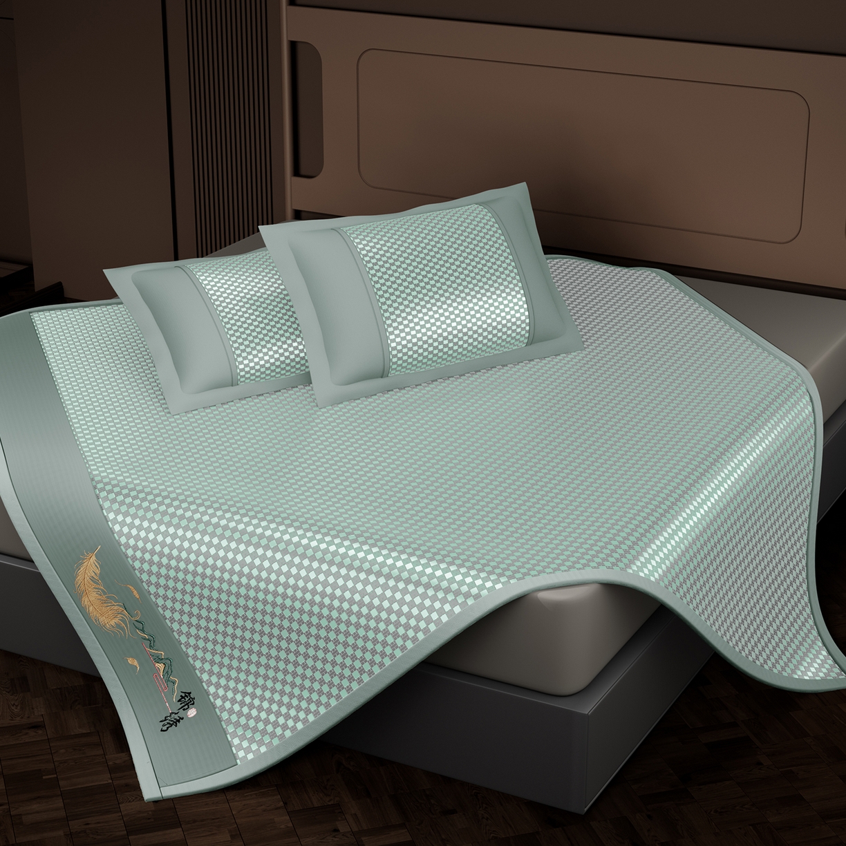 91家纺网 家纺一手货源 找家纺 永旺家纺 2026新款羽毛刺绣冰藤席子凉席 绿色