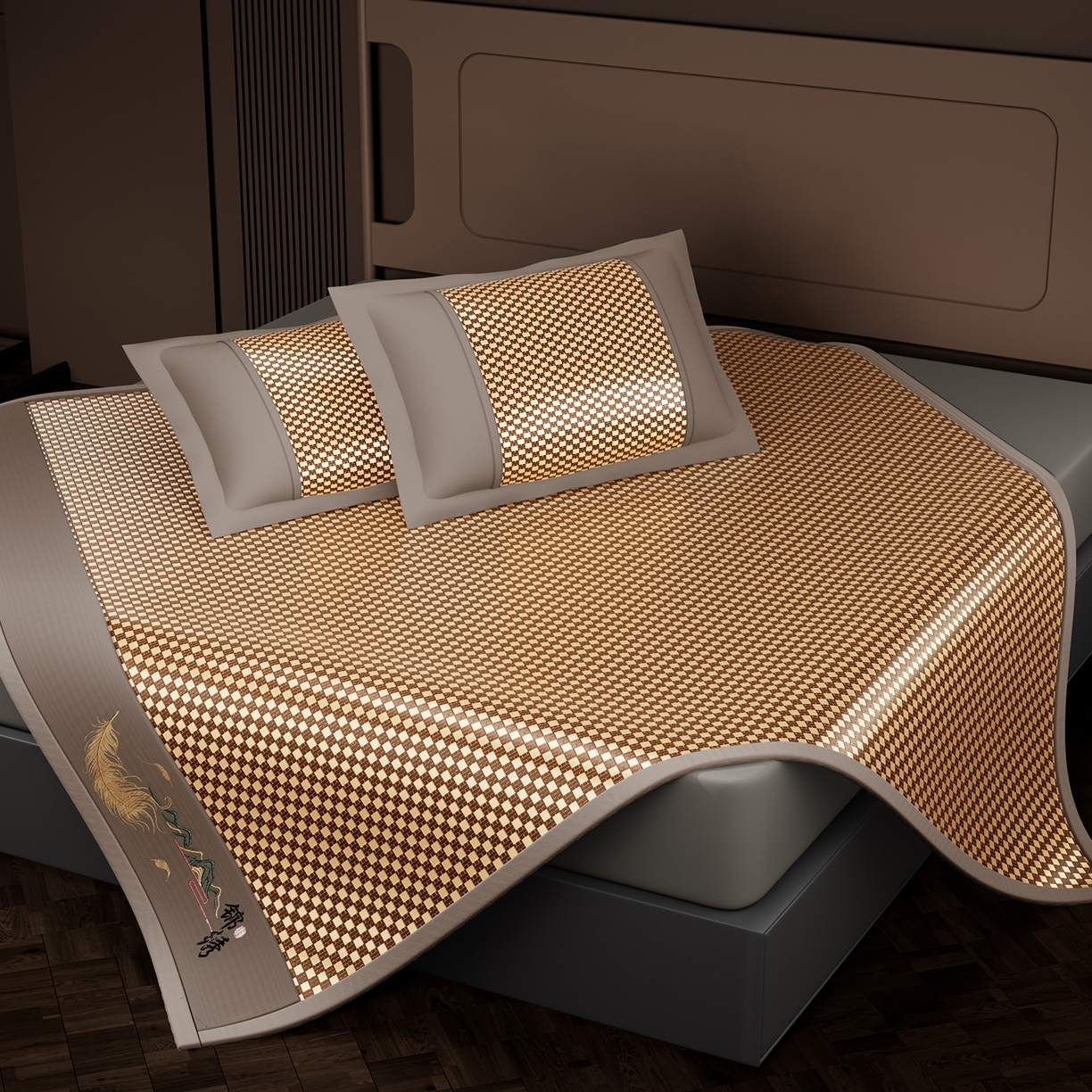 91家纺网 家纺一手货源 找家纺 永旺家纺 2026新款羽毛刺绣冰藤席子凉席 棕色