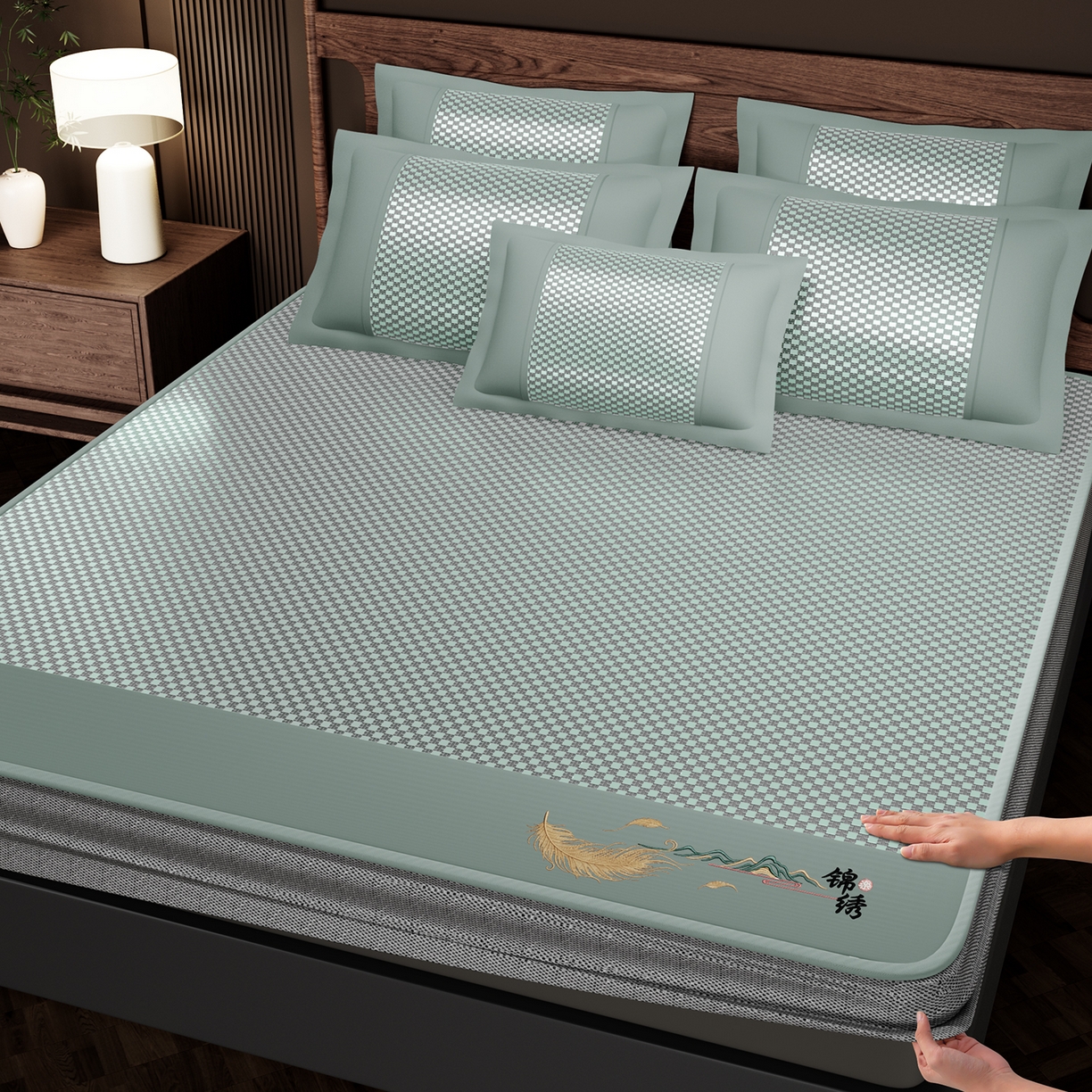 永旺家纺 2026新款羽毛刺绣冰藤席子凉席 绿色
