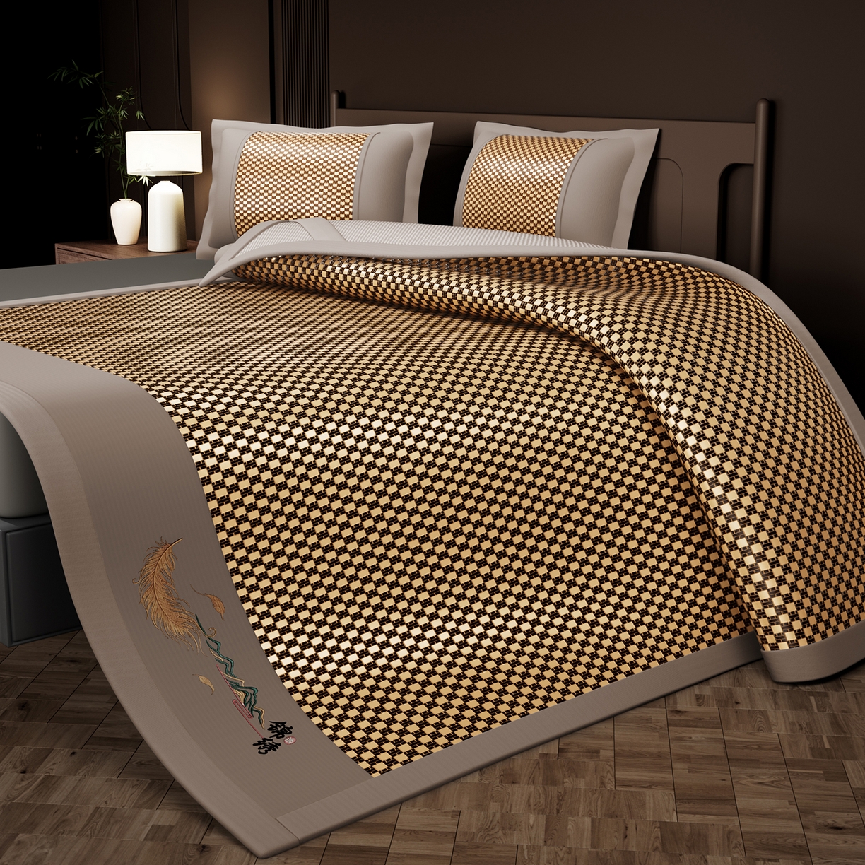 91家纺网 家纺一手货源 找家纺 永旺家纺 2026新款羽毛刺绣冰藤席子凉席 棕色