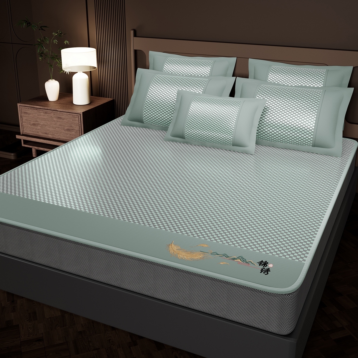 91家纺网 家纺一手货源 找家纺 永旺家纺 2026新款羽毛刺绣冰藤席子凉席 绿色