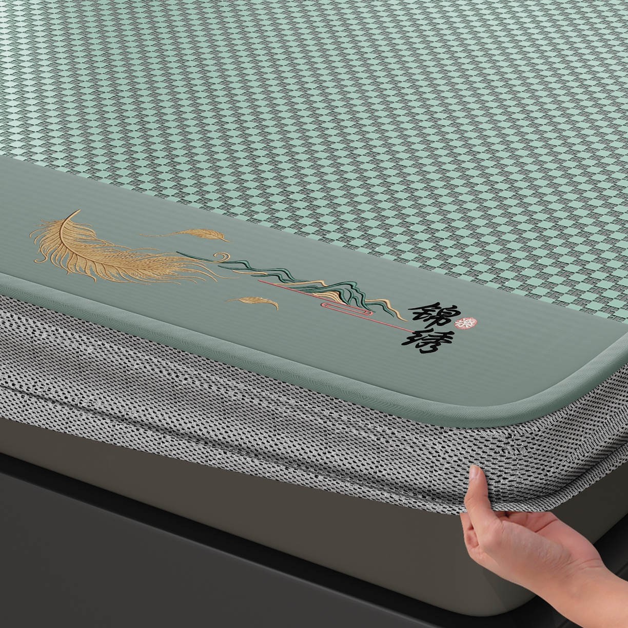 91家纺网 家纺一手货源 找家纺 永旺家纺 2026新款羽毛刺绣冰藤席子凉席 绿色