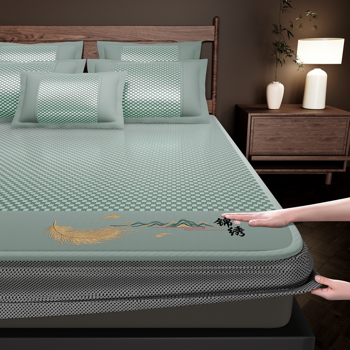 91家纺网 家纺一手货源 找家纺 永旺家纺 2026新款羽毛刺绣冰藤席子凉席 绿色