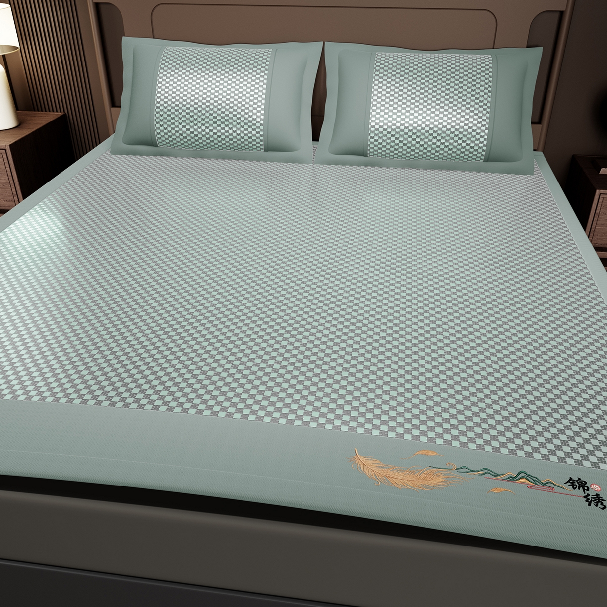 91家纺网 家纺一手货源 找家纺 永旺家纺 2026新款羽毛刺绣冰藤席子凉席 绿色