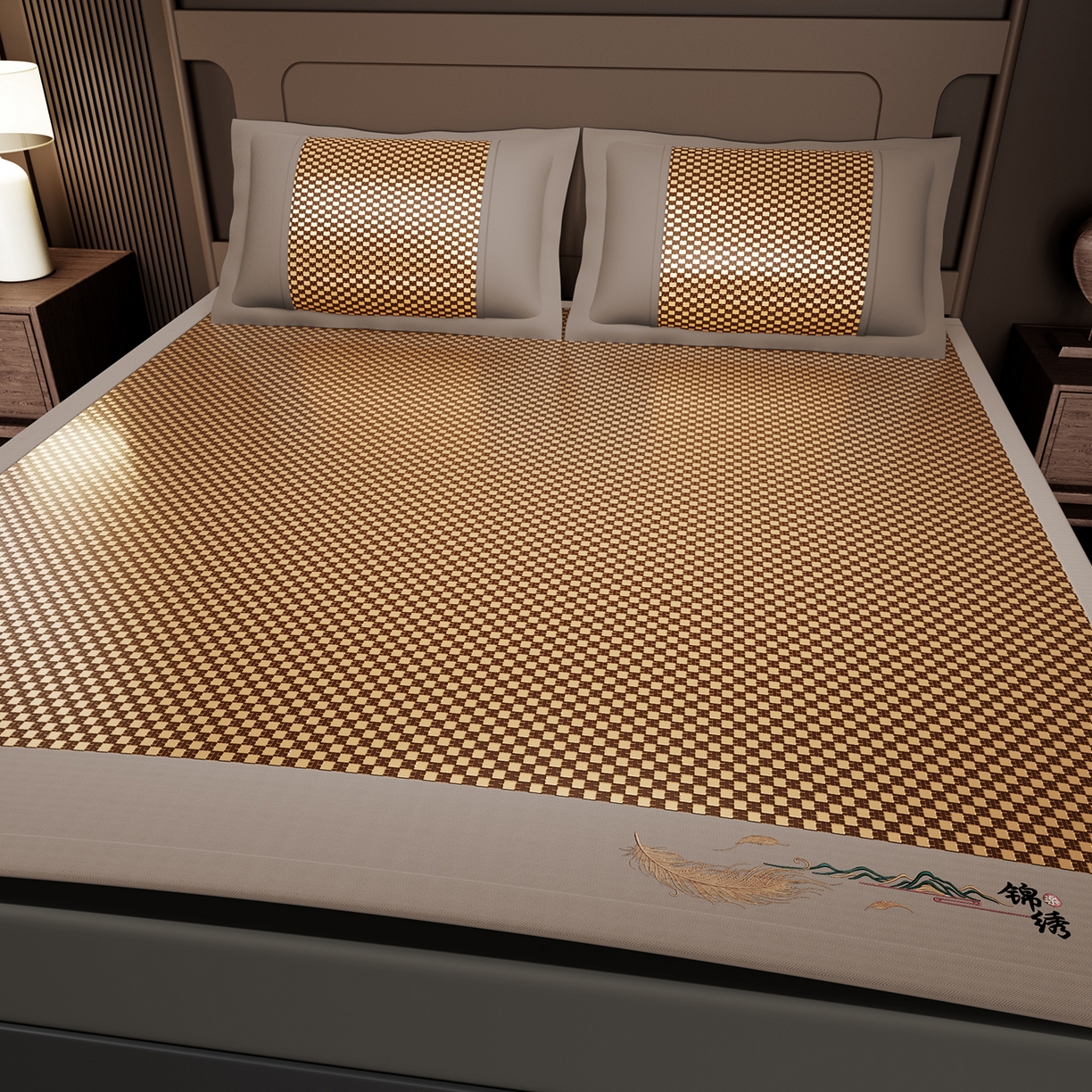 91家纺网 家纺一手货源 找家纺 永旺家纺 2026新款羽毛刺绣冰藤席子凉席 棕色