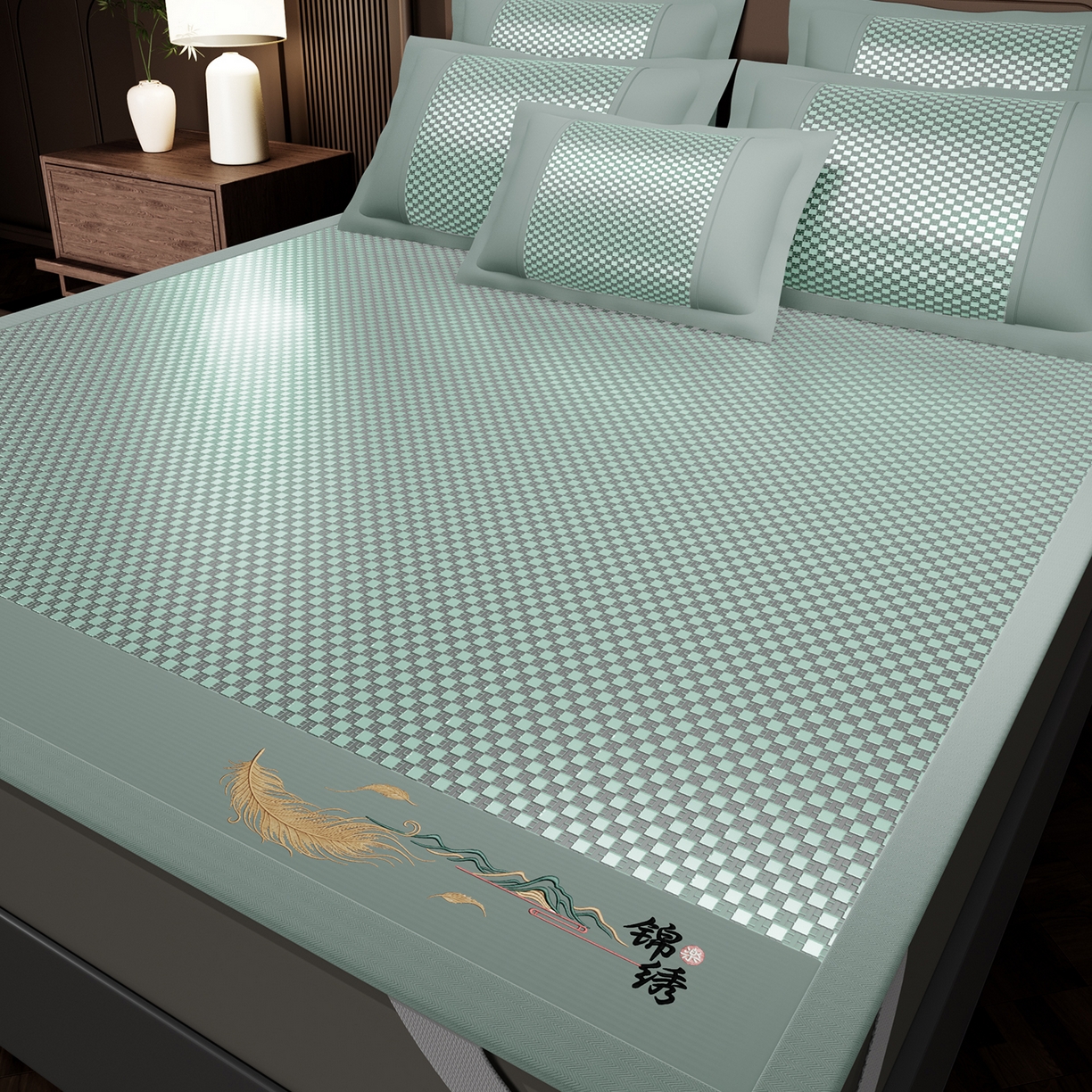 91家纺网 家纺一手货源 找家纺 永旺家纺 2026新款羽毛刺绣冰藤席子凉席 绿色